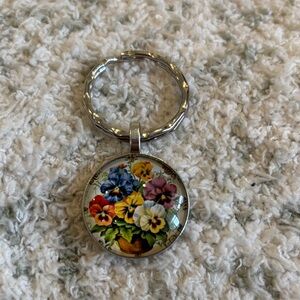 Floral Pansy Glass Canachon Keychain NWT